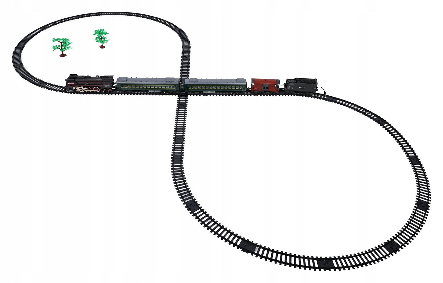 Retro traukinukas su šviesų, garso ir dūmų funkcija 216cm, lokomotyvas, vagonėliai