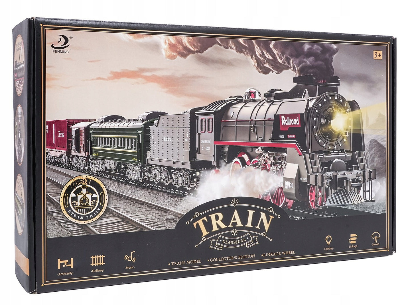Retro traukinukas su šviesų, garso ir dūmų funkcija 216cm, lokomotyvas, vagonėliai