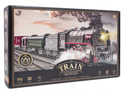 Retro traukinukas su šviesų, garso ir dūmų funkcija 216cm, lokomotyvas, vagonėliai