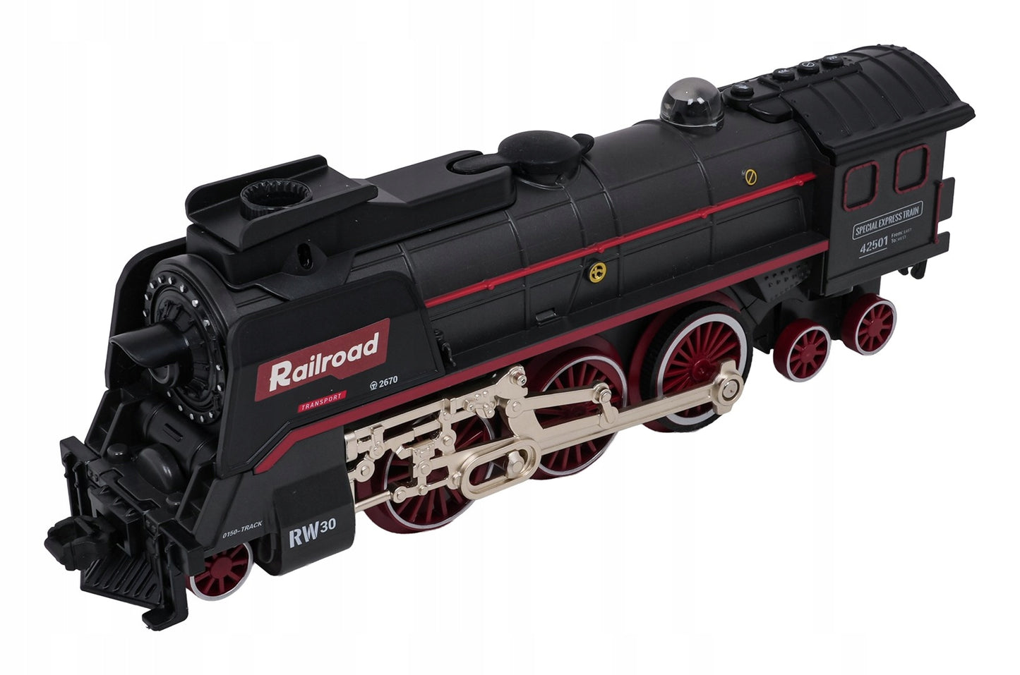 Retro traukinukas su šviesų, garso ir dūmų funkcija 216cm, lokomotyvas, vagonėliai