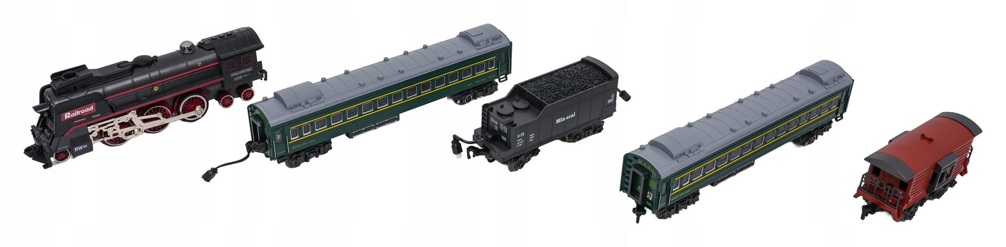 Retro traukinukas su šviesų, garso ir dūmų funkcija 216cm, lokomotyvas, vagonėliai