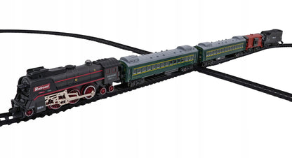 Retro traukinukas su šviesų, garso ir dūmų funkcija 216cm, lokomotyvas, vagonėliai