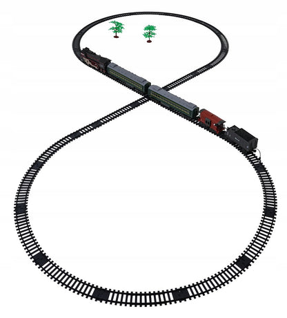 Retro traukinukas su šviesų, garso ir dūmų funkcija 216cm, lokomotyvas, vagonėliai