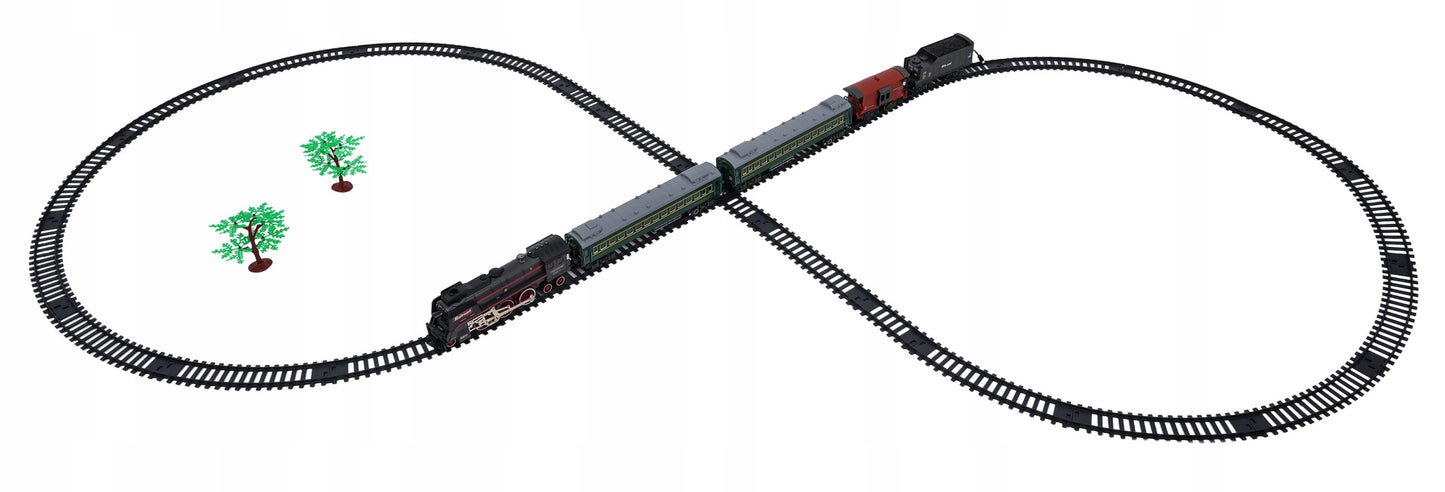 Retro traukinukas su šviesų, garso ir dūmų funkcija 216cm, lokomotyvas, vagonėliai