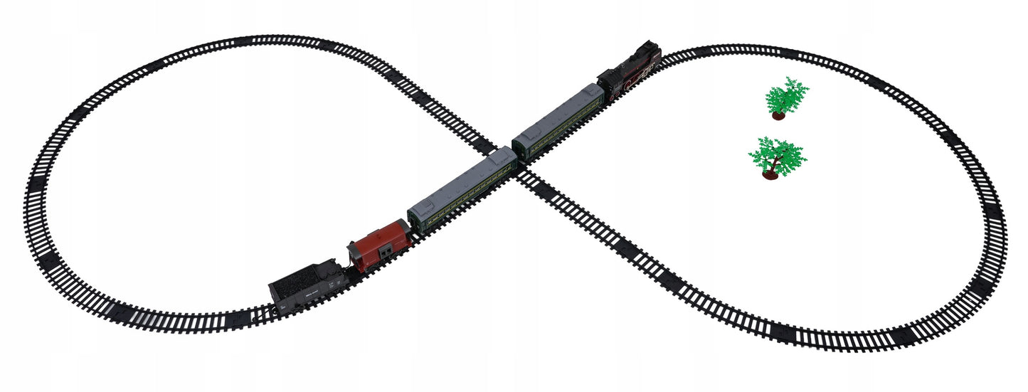 Retro traukinukas su šviesų, garso ir dūmų funkcija 216cm, lokomotyvas, vagonėliai