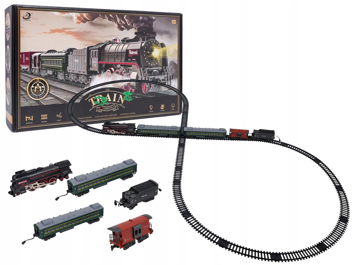 Retro traukinukas su šviesų, garso ir dūmų funkcija 216cm, lokomotyvas, vagonėliai
