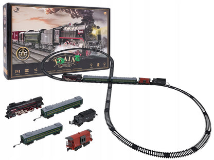 Retro traukinukas su šviesų, garso ir dūmų funkcija 216cm, lokomotyvas, vagonėliai