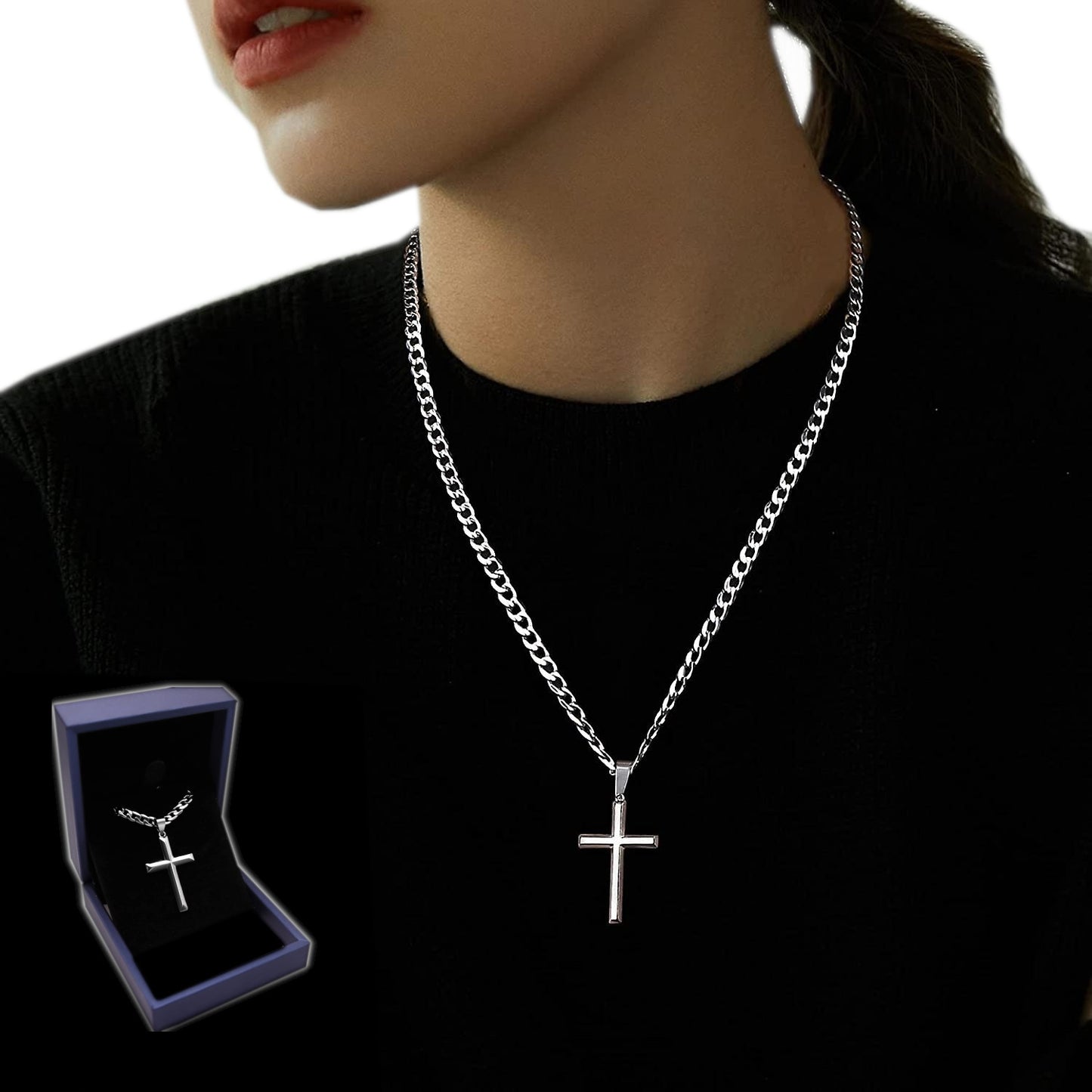 Sidabrinis moteriškas kryžiukas su grandinėle, deimantuotas itališkas vėrinys