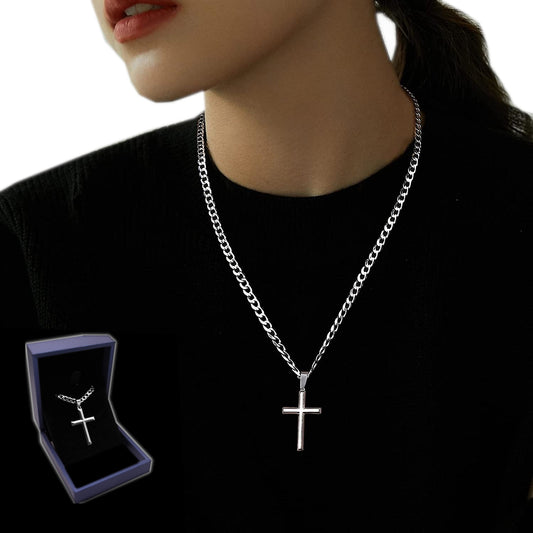 Sidabrinis moteriškas kryžiukas su grandinėle, deimantuotas itališkas vėrinys