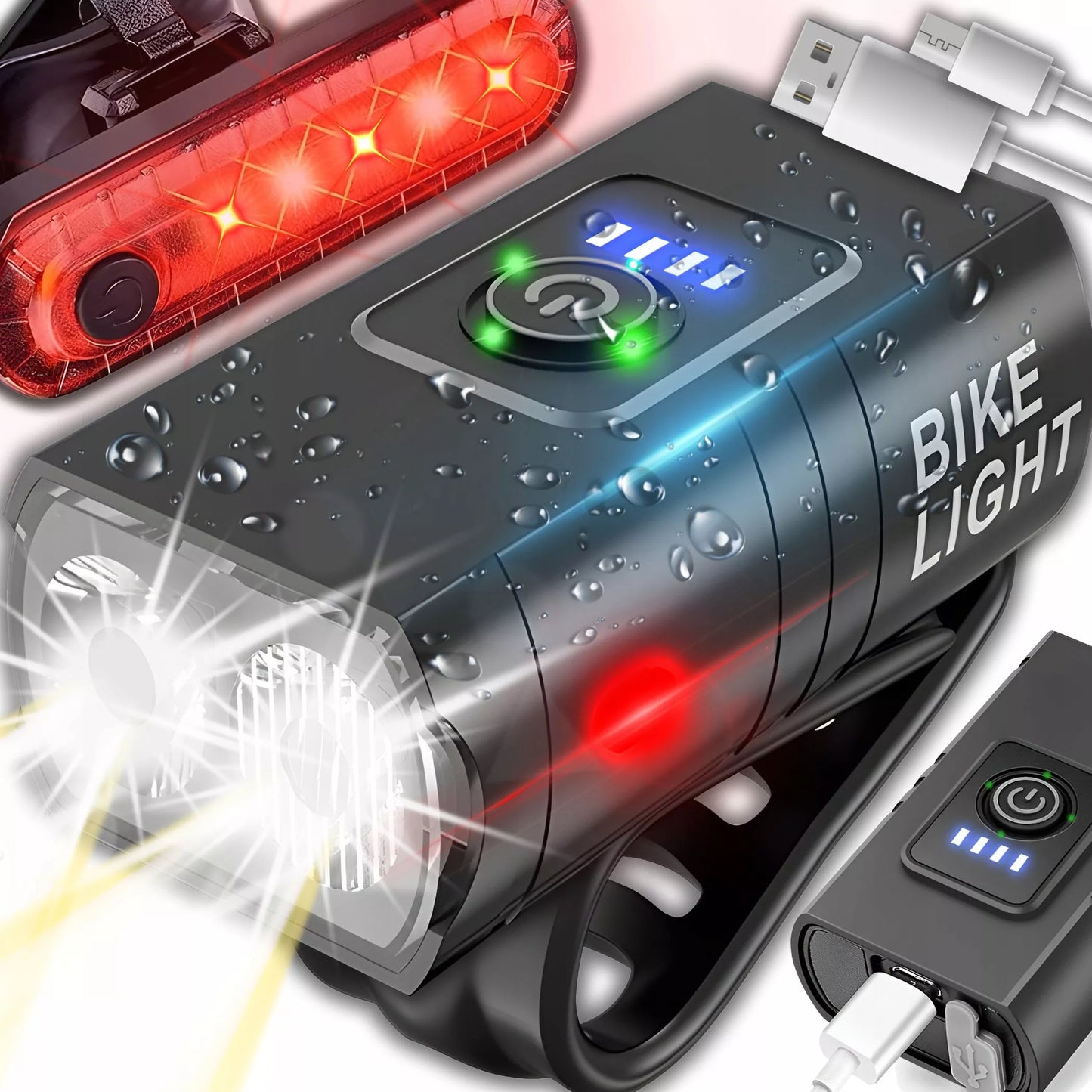 Dviračio žibintų rinkinys, priekinis + galinis ( USB ) 1600 lm