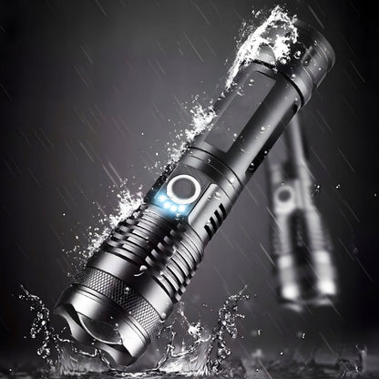 Taktinis Žibintuvėlis – Galingas LED, Akumuliatorinis, Atsparus Vandeniui, USB-C, 5 Švietimo Režimai