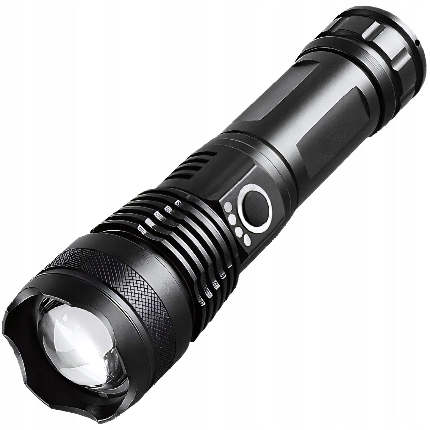 Taktinis Žibintuvėlis – Galingas LED, Akumuliatorinis, Atsparus Vandeniui, USB-C, 5 Švietimo Režimai