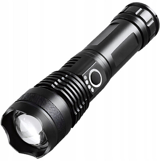 Taktinis Žibintuvėlis – Galingas LED, Akumuliatorinis, Atsparus Vandeniui, USB-C, 5 Švietimo Režimai
