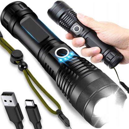 Taktinis Žibintuvėlis – Galingas LED, Akumuliatorinis, Atsparus Vandeniui, USB-C, 5 Švietimo Režimai