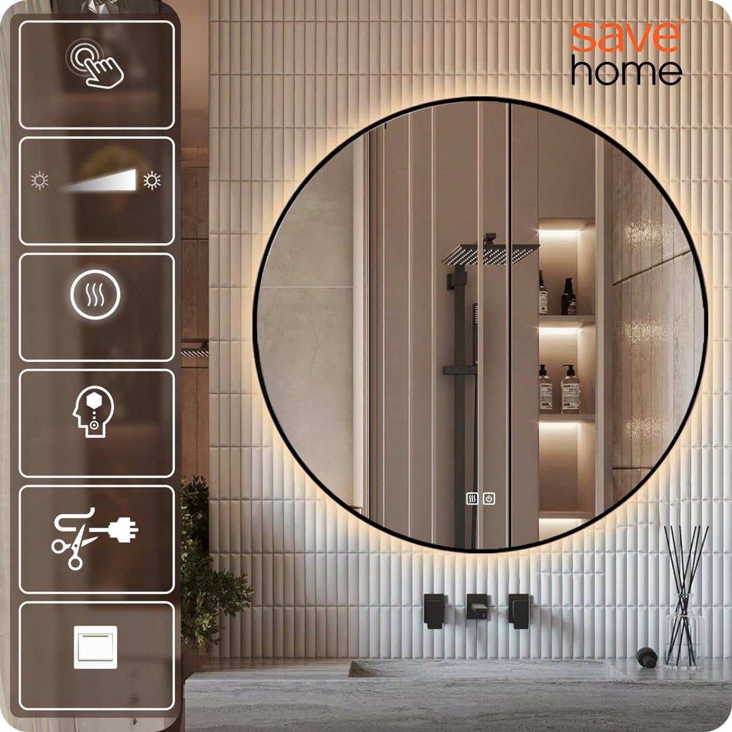 LED Vonios Veidrodis 60 cm – Apvalus, Juodas Metalinis Rėmas, Loft Stiliaus Premium