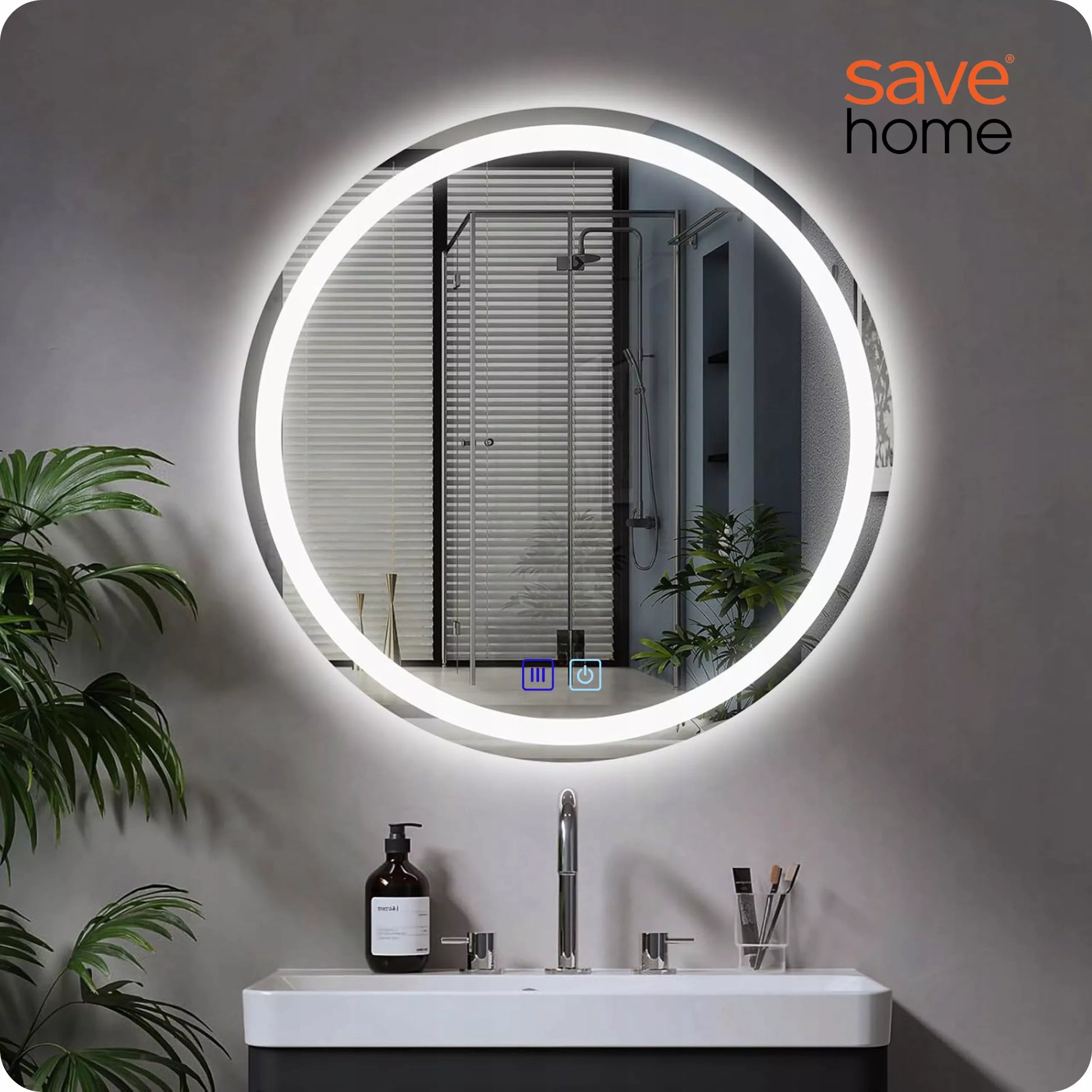 LED VONIOS VEIDRODIS APVALUS 60 cm APŠVIESTAS APSAUGOS NUO RASOJIMO, LIEČIAMAS 3 SPALVOS