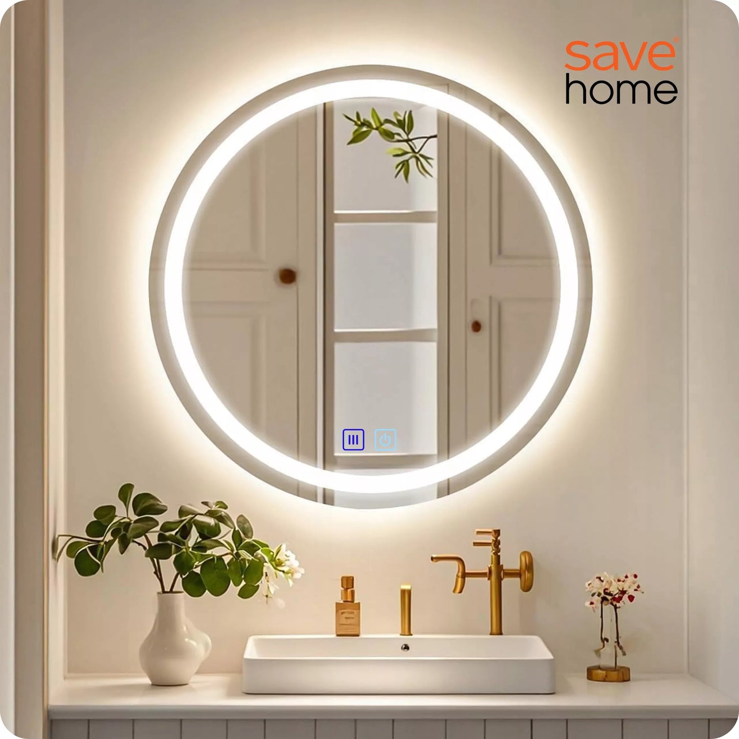 LED VONIOS VEIDRODIS APVALUS 60 cm APŠVIESTAS APSAUGOS NUO RASOJIMO, LIEČIAMAS 3 SPALVOS