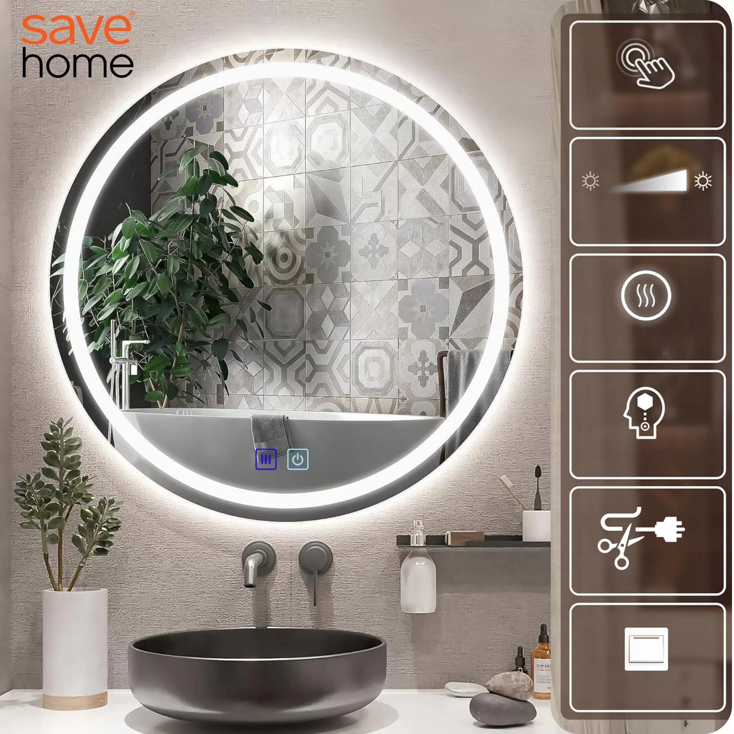 LED VONIOS VEIDRODIS APVALUS 60 cm APŠVIESTAS APSAUGOS NUO RASOJIMO, LIEČIAMAS 3 SPALVOS