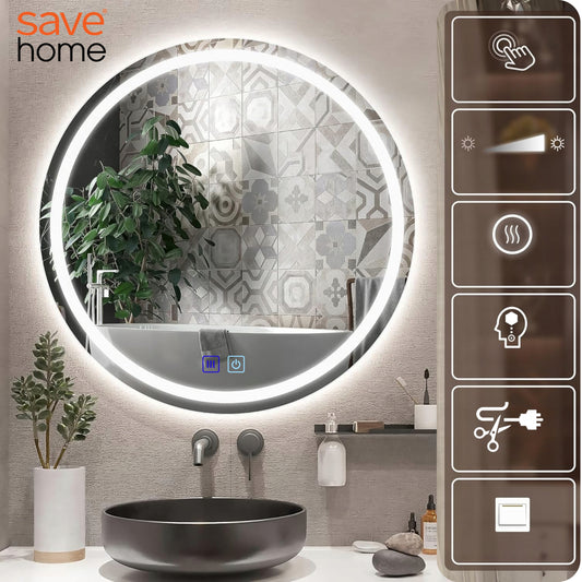 Apvalus LED Vonios Veidrodis 60 cm – Apšviestas, Anti-Fog, Jutiklinis, 3 Šviesos Spalvos