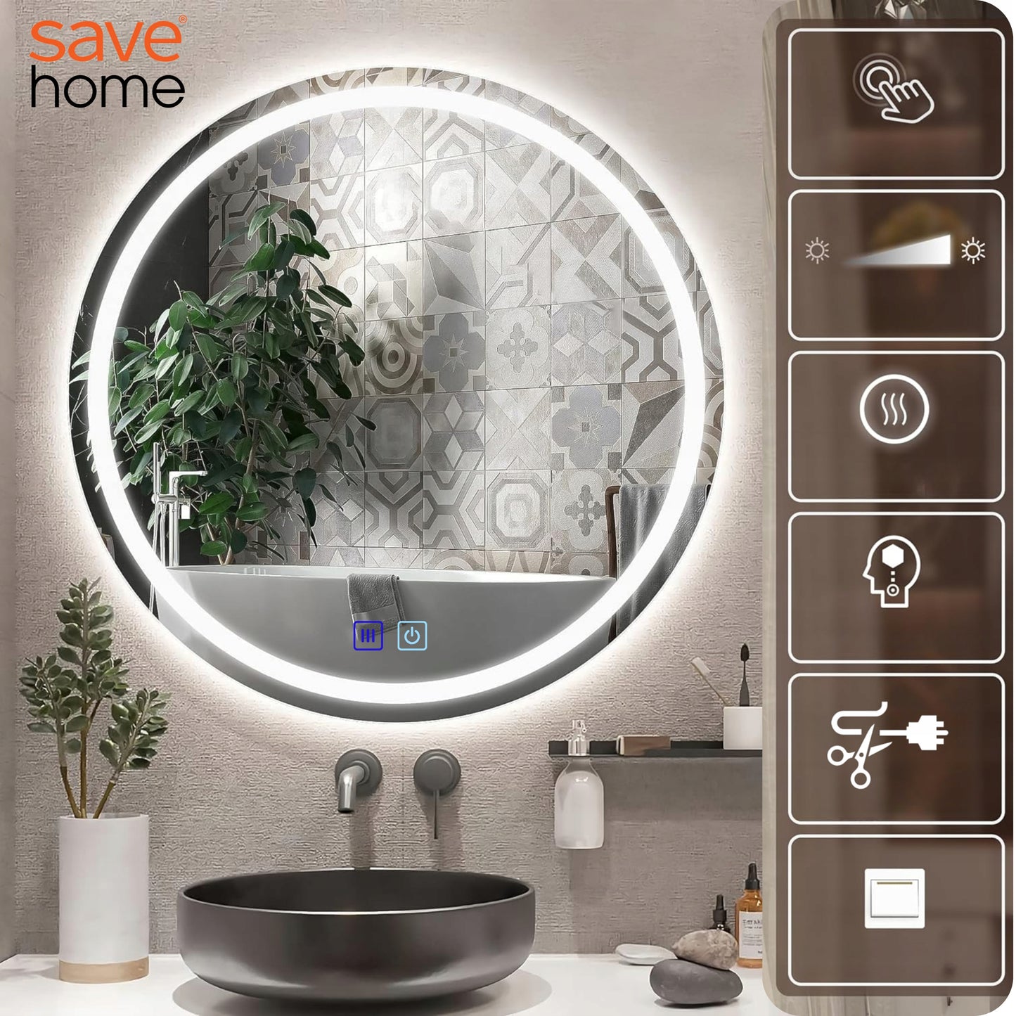 Apvalus LED Vonios Veidrodis 60 cm – Apšviestas, Anti-Fog, Jutiklinis, 3 Šviesos Spalvos