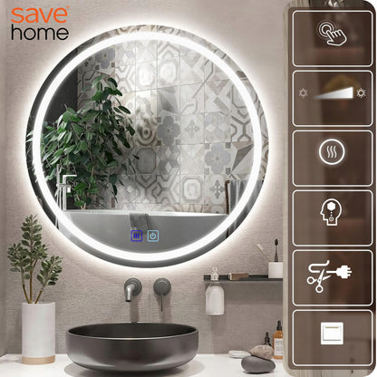 Apvalus LED Vonios Veidrodis 60 cm – Apšviestas, Anti-Fog, Jutiklinis, 3 Šviesos Spalvos