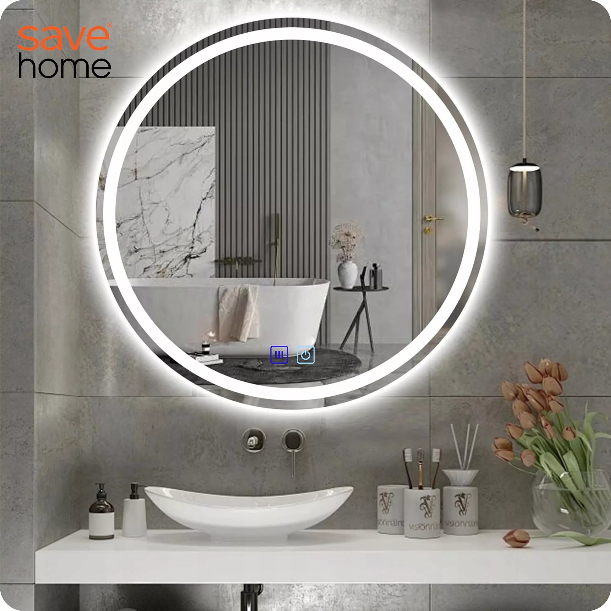 LED VONIOS VEIDRODIS APVALUS 60 cm APŠVIESTAS APSAUGOS NUO RASOJIMO, LIEČIAMAS 3 SPALVOS
