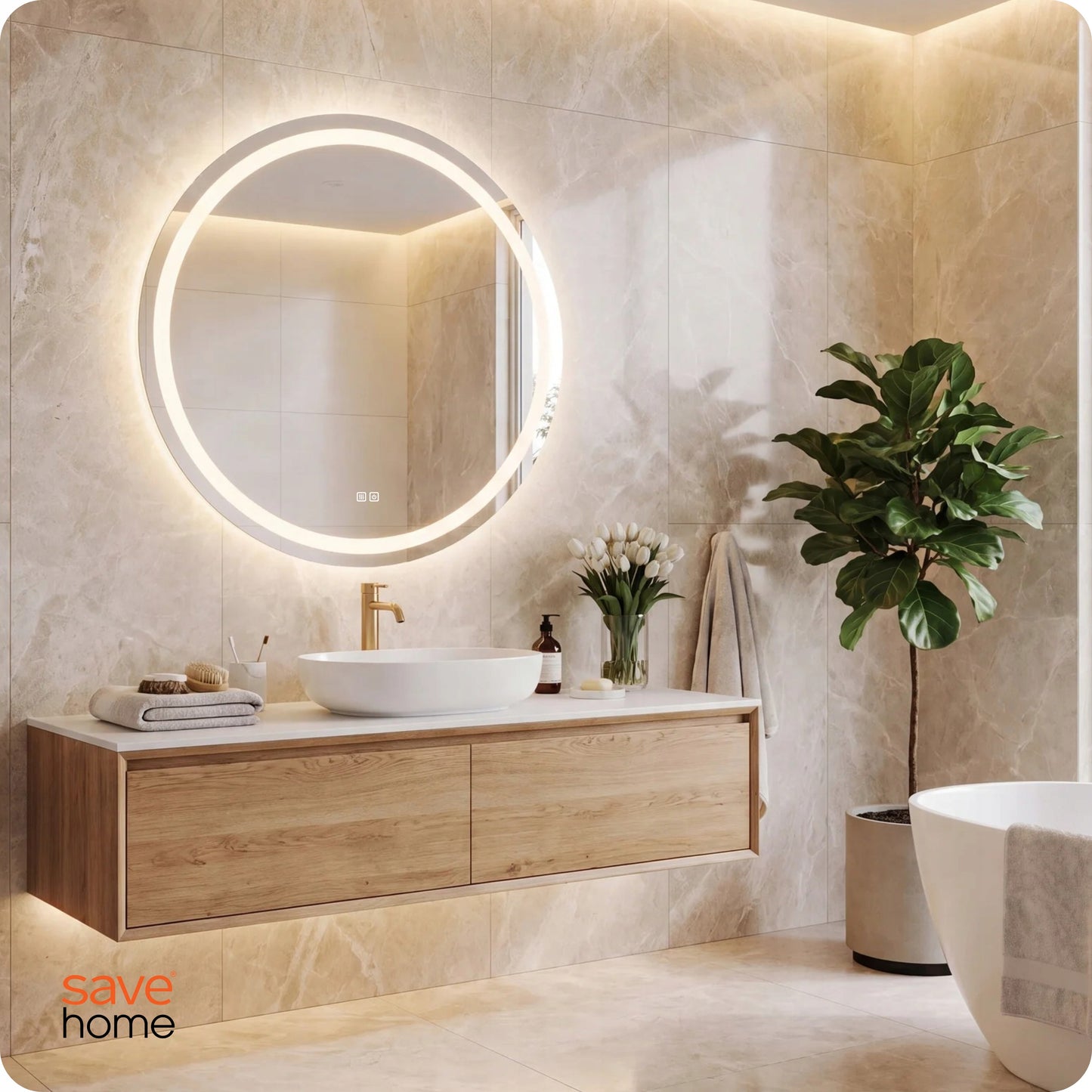 Apvalus LED Vonios Veidrodis 60 cm – Apšviestas, Anti-Fog, Jutiklinis, 3 Šviesos Spalvos