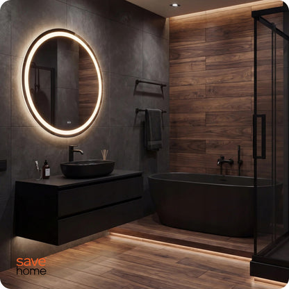Apvalus LED Vonios Veidrodis 60 cm – Apšviestas, Anti-Fog, Jutiklinis, 3 Šviesos Spalvos