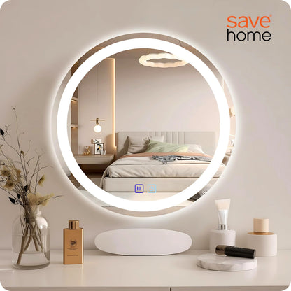 Apvalus LED Vonios Veidrodis 60 cm – Apšviestas, Anti-Fog, Jutiklinis, 3 Šviesos Spalvos