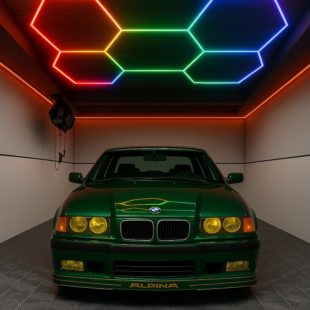 LED lempa HEXAGON RGB 180W Panelinis apšvietimas dirbtuvėms, namams + programėlės ir pultelio valdymas