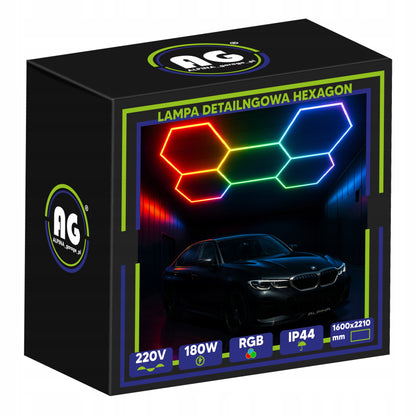 LED lempa HEXAGON RGB 180W Panelinis apšvietimas dirbtuvėms, namams + programėlės ir pultelio valdymas