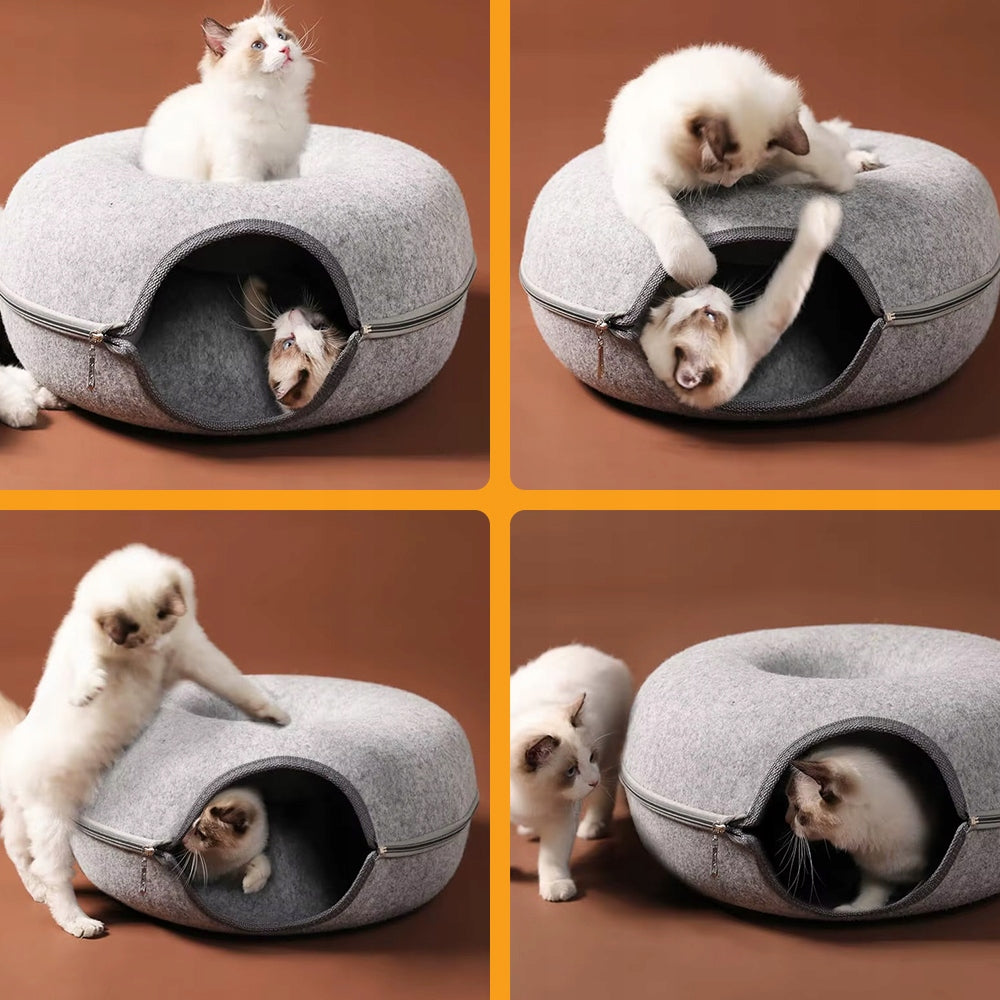 Daugiafunkcinė katės guolio lovelė: 2 dalių, apvali, „Donut“ stiliaus, tunelis, būdelė, namelis, 50 x 50 cm