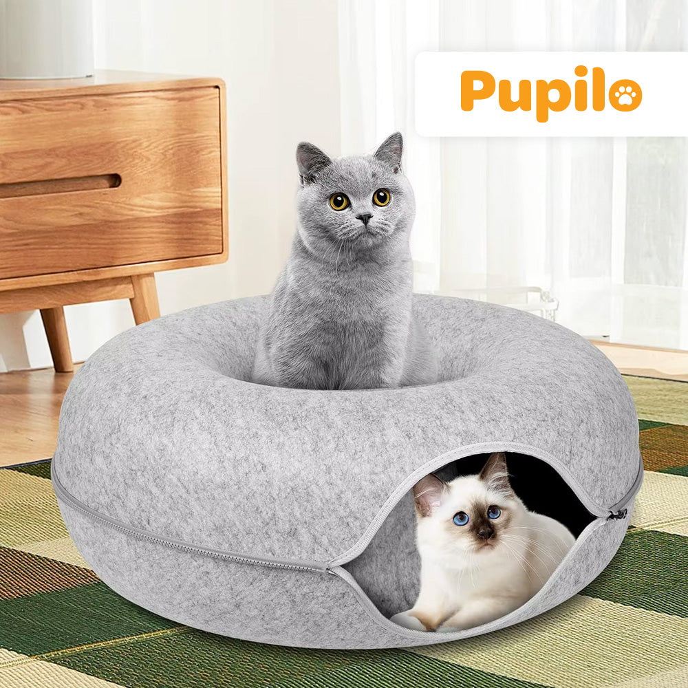 Daugiafunkcinė katės guolio lovelė: 2 dalių, apvali, „Donut“ stiliaus, tunelis, būdelė, namelis, 50 x 50 cm