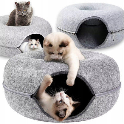 Daugiafunkcinė katės guolio lovelė: 2 dalių, apvali, „Donut“ stiliaus, tunelis, būdelė, namelis, 50 x 50 cm