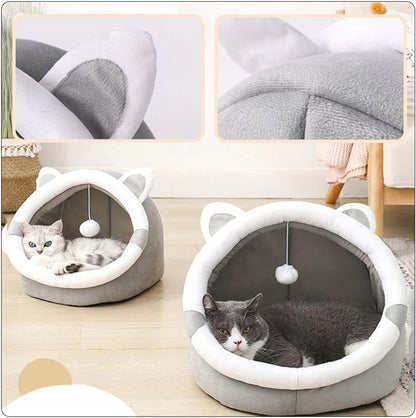 Minkštas pliušinis namelis-lova katėms ir šunims su pagalvėle ir žaisliuku