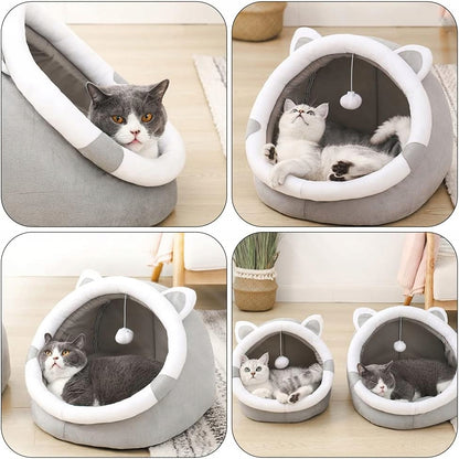 Minkštas pliušinis namelis-lova katėms ir šunims su pagalvėle ir žaisliuku