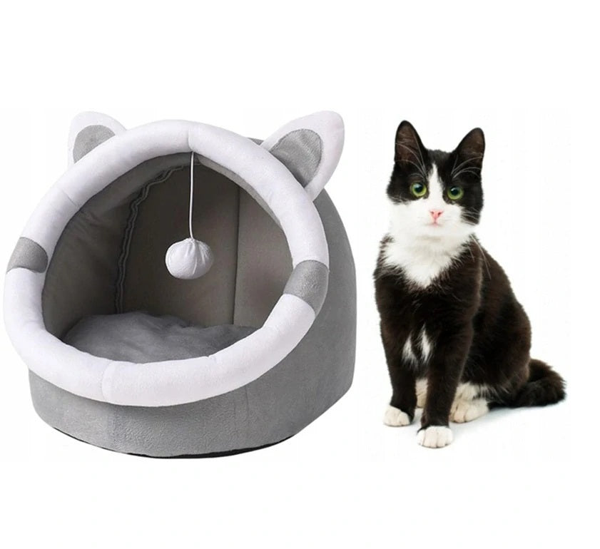 Minkštas pliušinis namelis-lova katėms ir šunims su pagalvėle ir žaisliuku