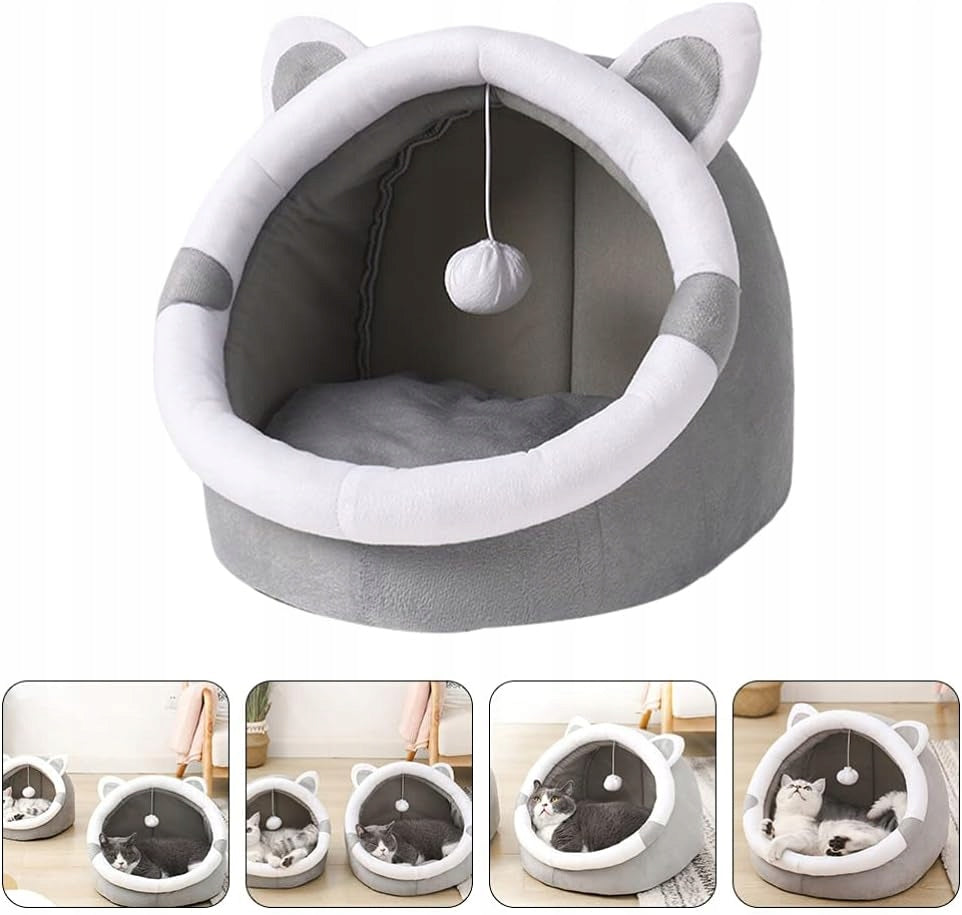 Minkštas pliušinis namelis-lova katėms ir šunims su pagalvėle ir žaisliuku