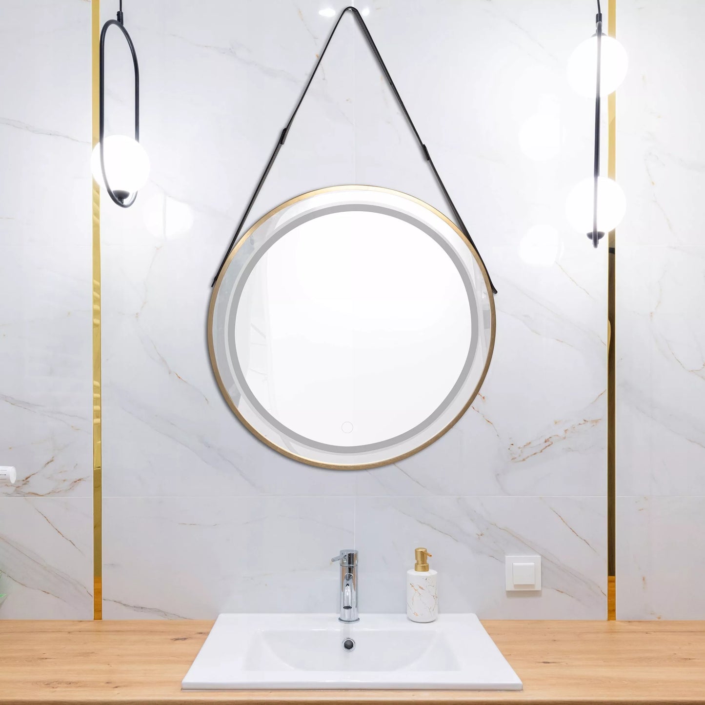 Okrągłe lustro LED 60 cm z eleganckim skórzanym paskiem, złota rama, ścienne, sterowanie dotykowe