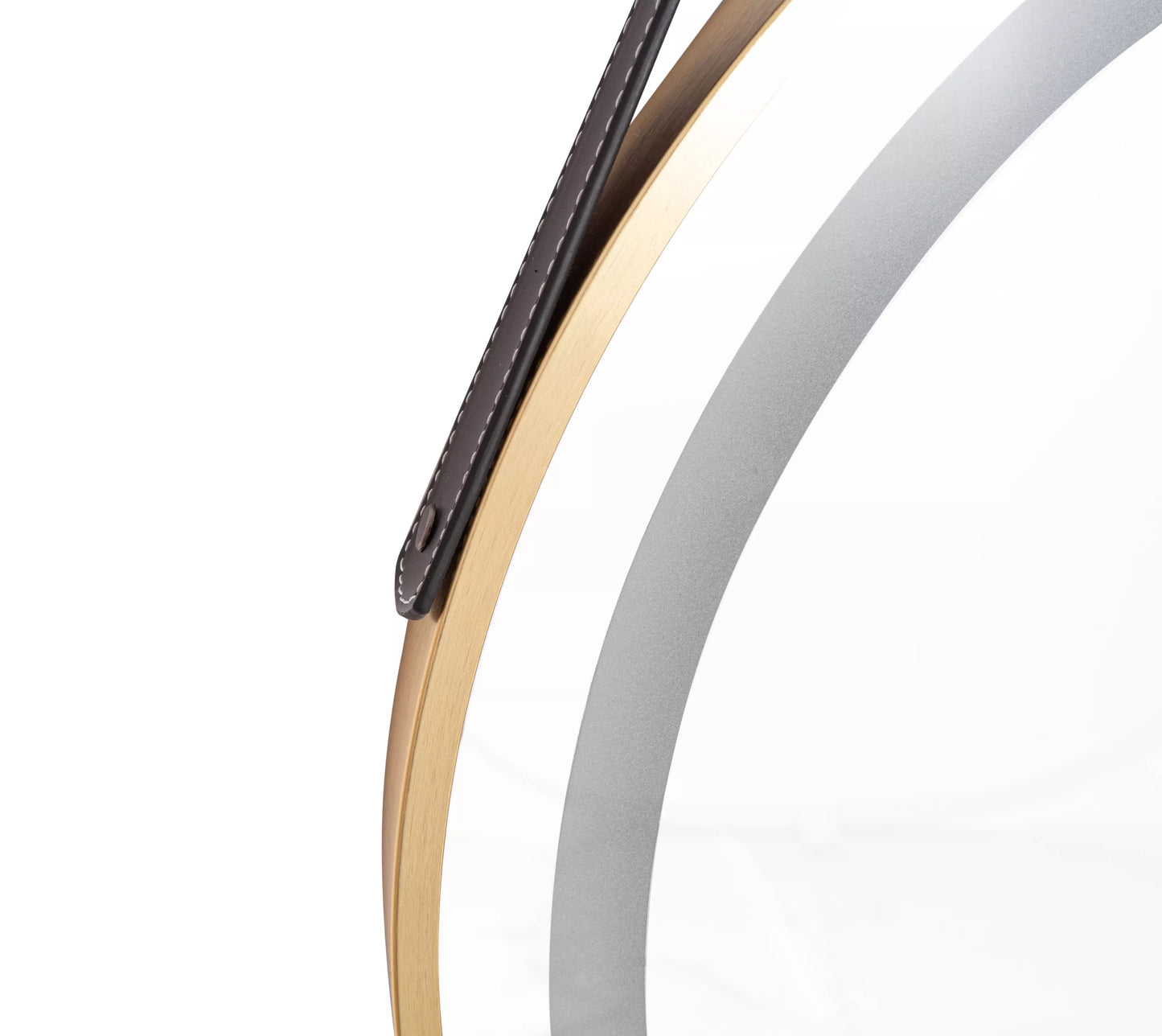 Apvalus LED veidrodis 60 cm elegantiškas odinis diržas auksinis rėmas sieninis jutiklinis