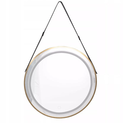 Okrągłe lustro LED 60 cm z eleganckim skórzanym paskiem, złota rama, ścienne, sterowanie dotykowe