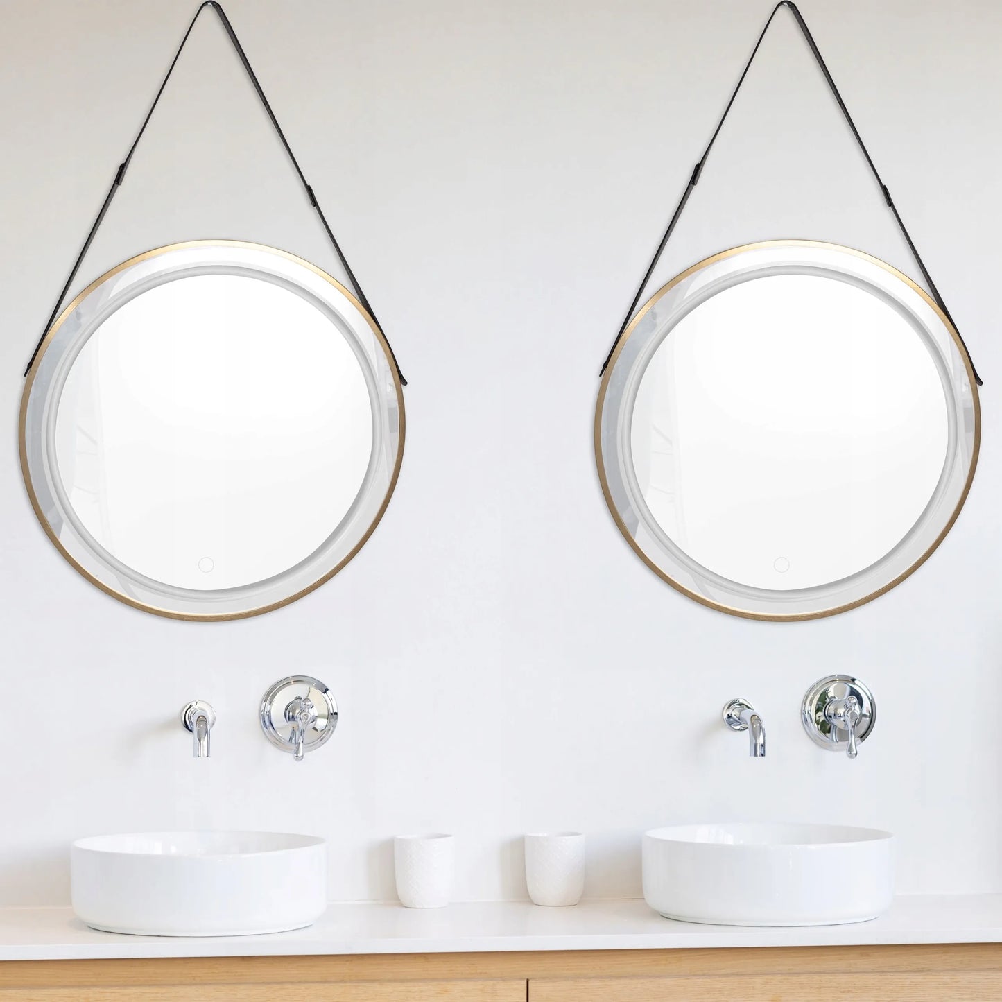Apvalus LED veidrodis 60 cm elegantiškas odinis diržas auksinis rėmas sieninis jutiklinis