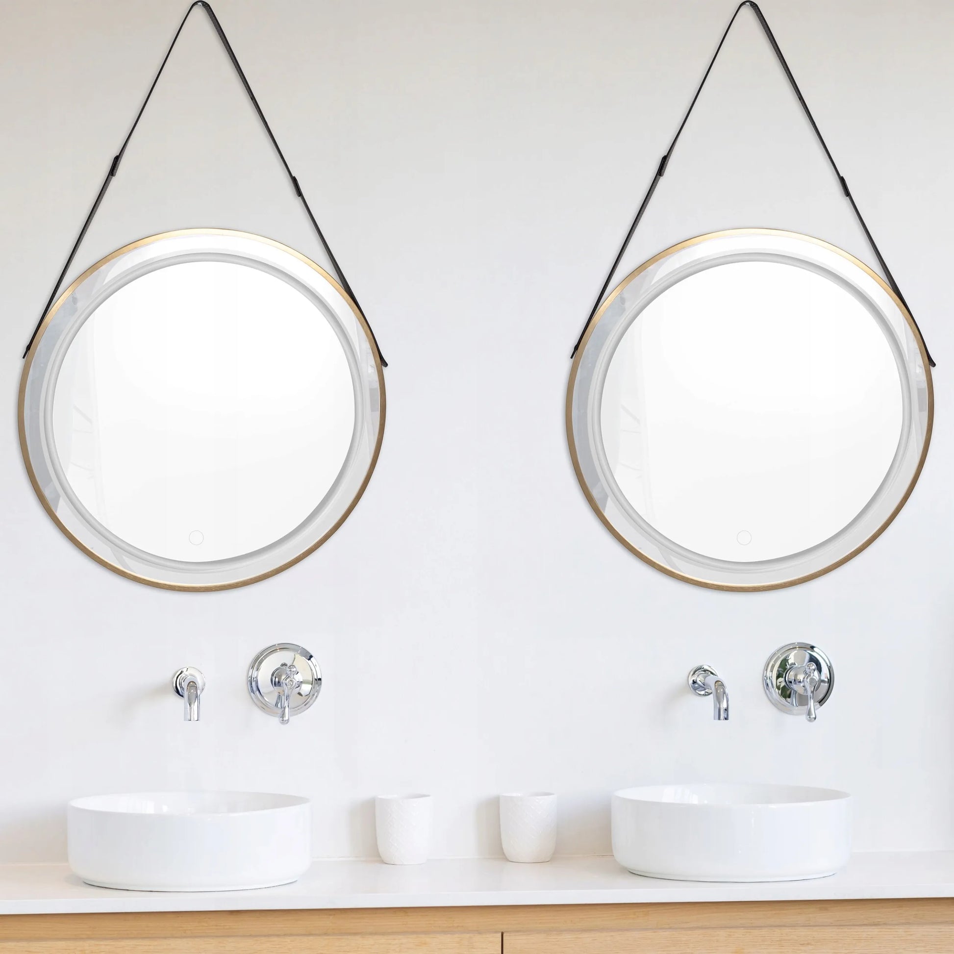 Apvalus LED veidrodis 60 cm elegantiškas odinis diržas auksinis rėmas sieninis jutiklinis