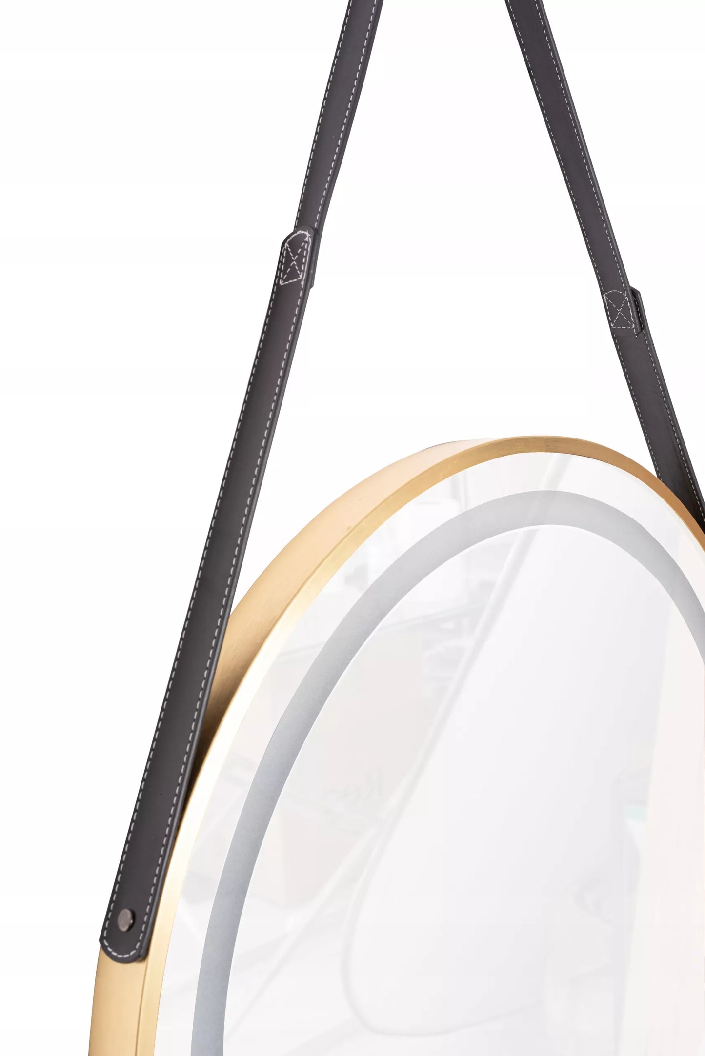 Apvalus LED veidrodis 60 cm elegantiškas odinis diržas auksinis rėmas sieninis jutiklinis
