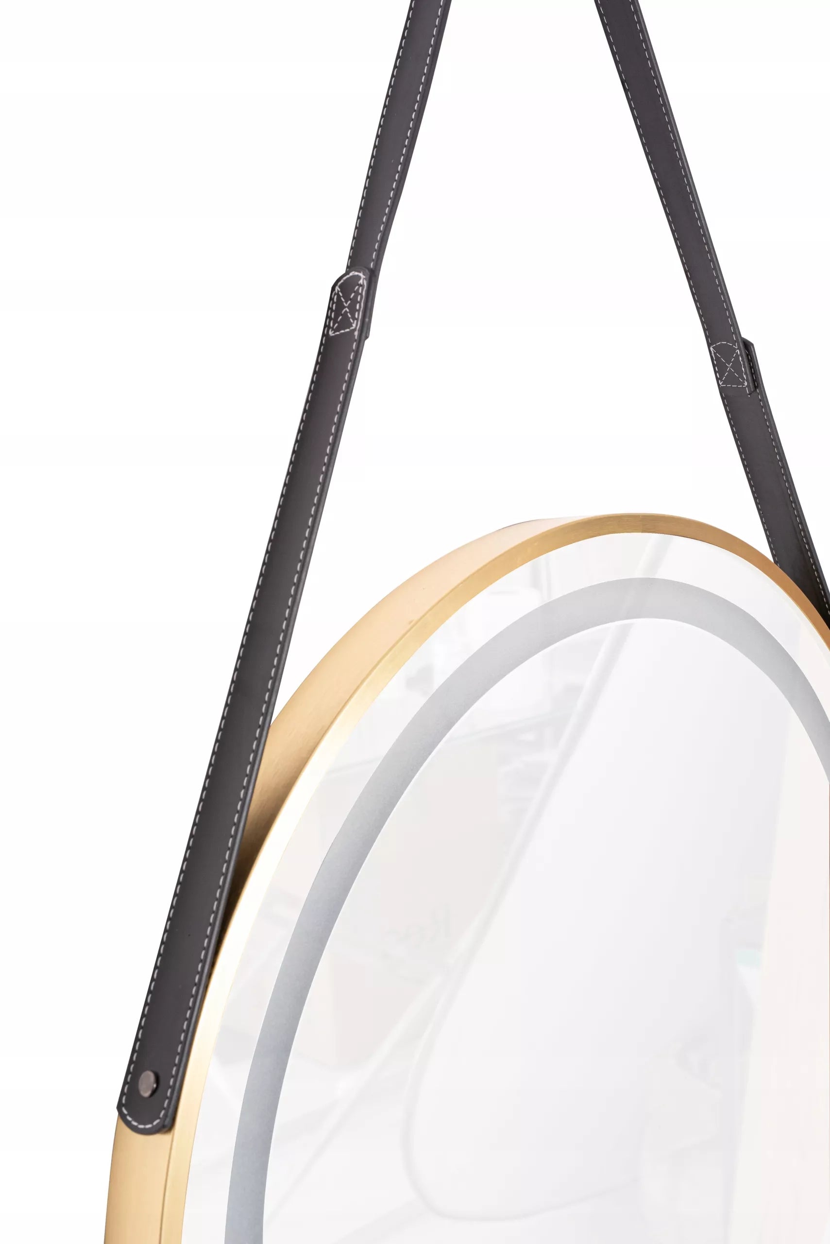 Apvalus LED veidrodis 60 cm elegantiškas odinis diržas auksinis rėmas sieninis jutiklinis