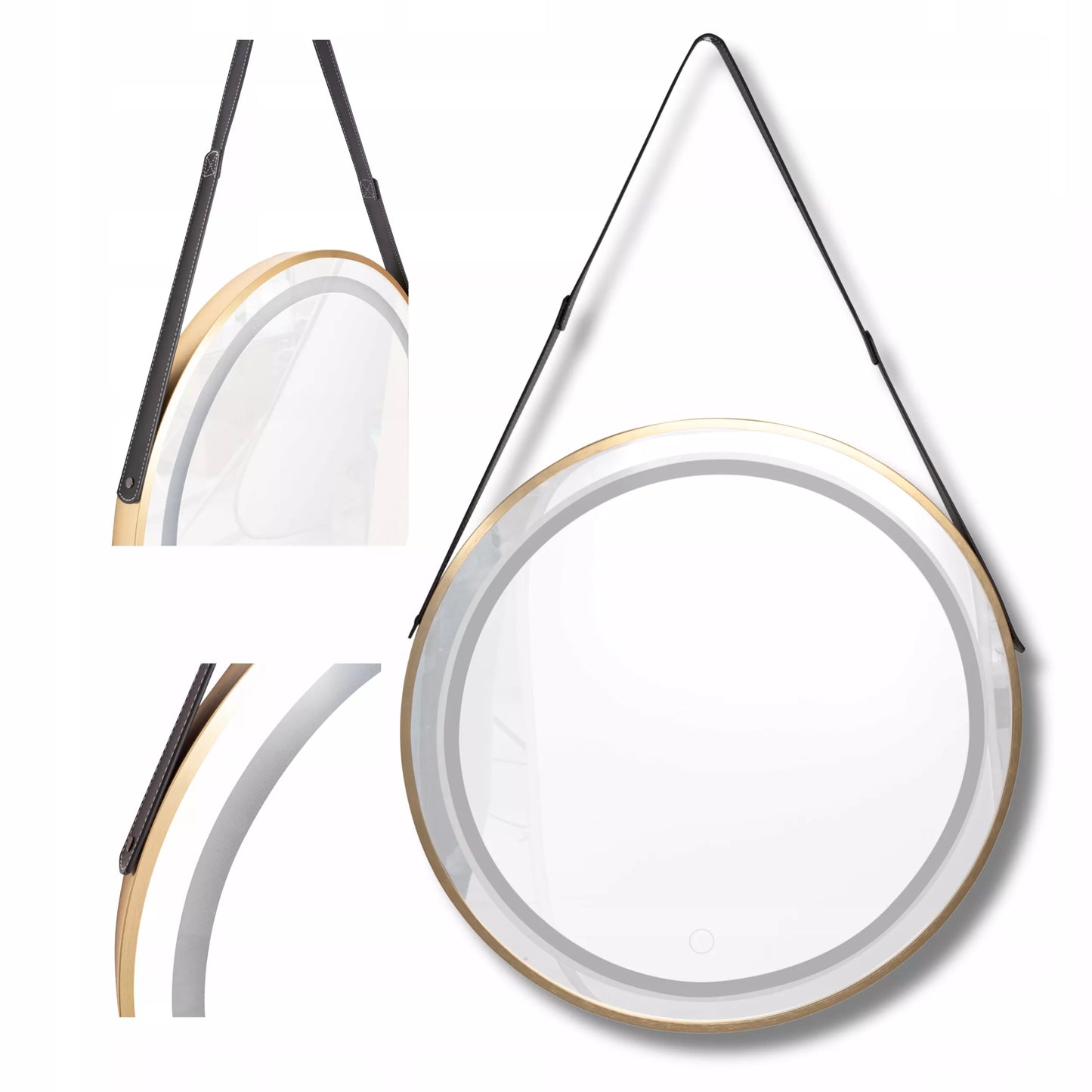 Okrągłe lustro LED 60 cm z eleganckim skórzanym paskiem, złota rama, ścienne, sterowanie dotykowe
