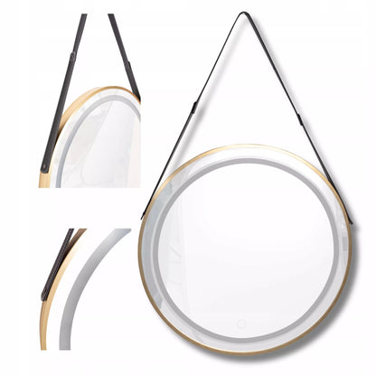 Okrągłe lustro LED 60 cm z eleganckim skórzanym paskiem, złota rama, ścienne, sterowanie dotykowe