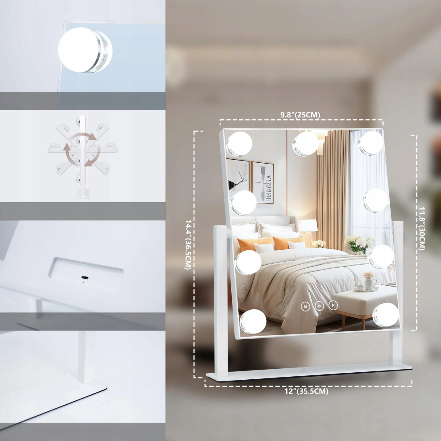 Holivudo stiliaus veidrodis su LED apšvietimu makiažui – baltas