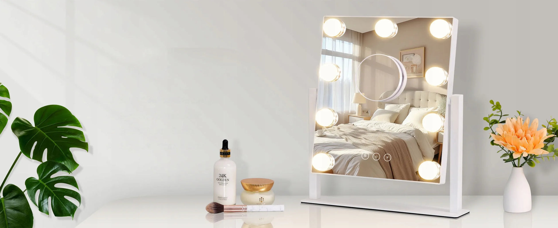 Holivudo stiliaus veidrodis su LED apšvietimu makiažui – baltas
