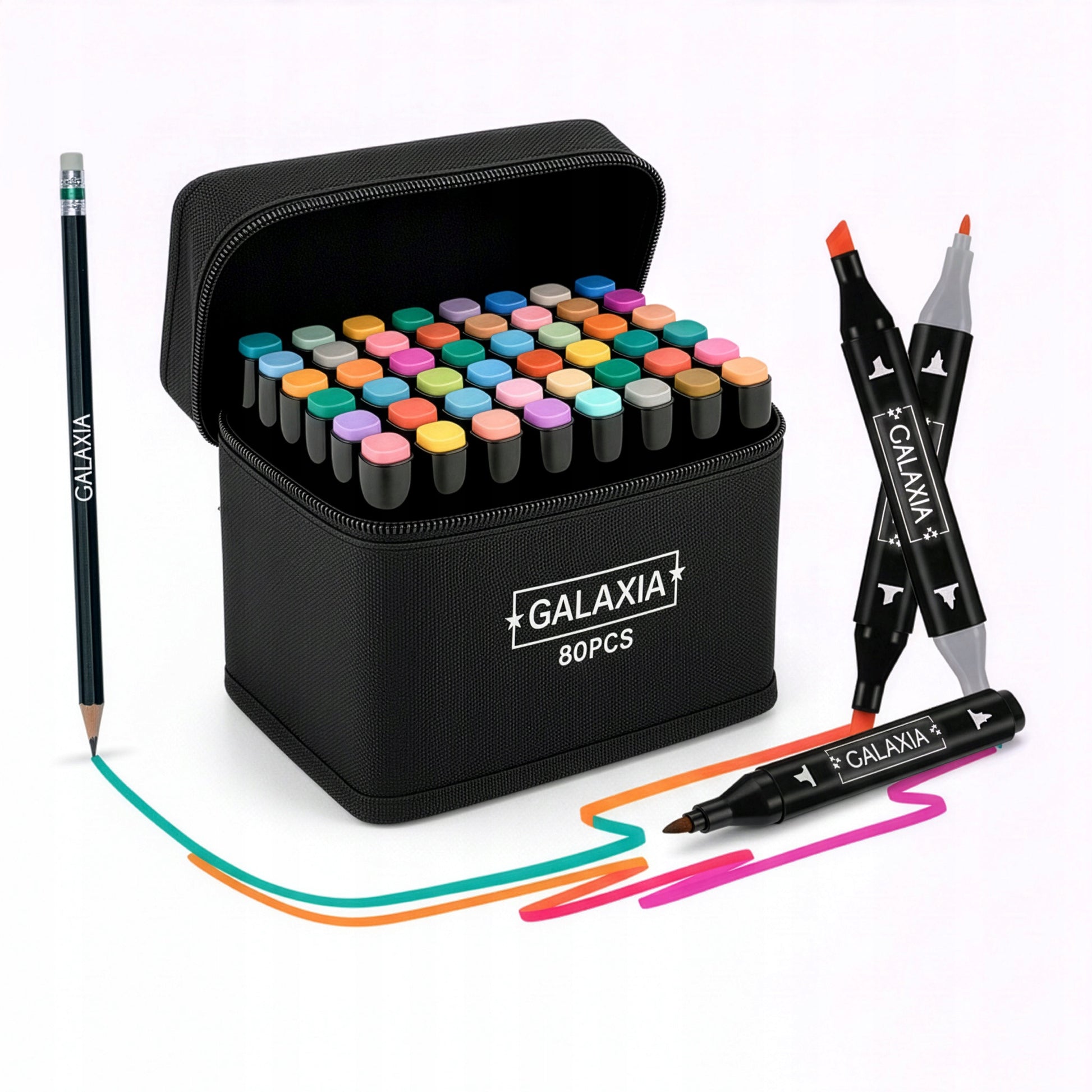 ALKOHOLINIAI ŽYMĖTUVAI 80 VNT., Dvipusiai „Pro“ flomasteriai, rinkinys su krepšiu